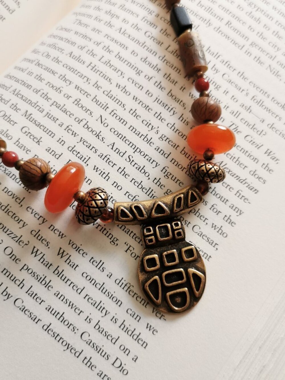 Chico's Carnelian Glass and Wood Bead Necklace Orange Brown Warm Tones Chunky